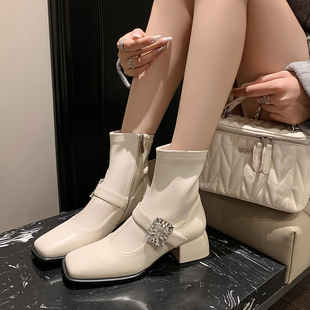 真皮洋气水钻粗跟弹力瘦瘦靴短靴女时尚显瘦女靴短筒时装靴子女款