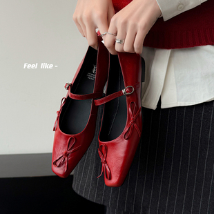 真皮平底单鞋女玛丽珍鞋法式复古风方头蝴蝶结小皮鞋女款2026新款