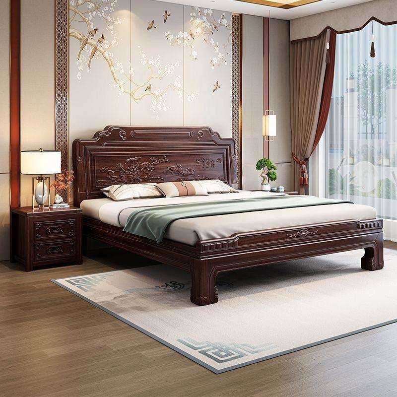 新中式紫檀仿古实木床1.5M卧室古典雕花双人1.8M榫卯结构实木大床