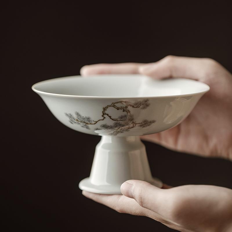 束刻复古仿宋高足松风茶点盘陶瓷点心盘茶道配件壶承干泡台