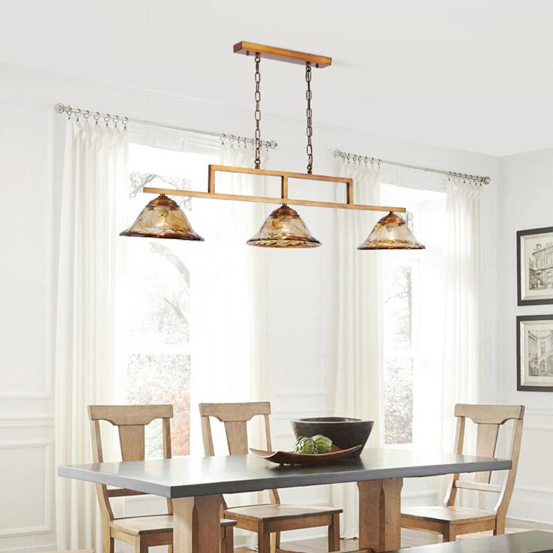 美式全铜餐厅吊灯个性复古长方形餐桌岛台中古玻璃灯具