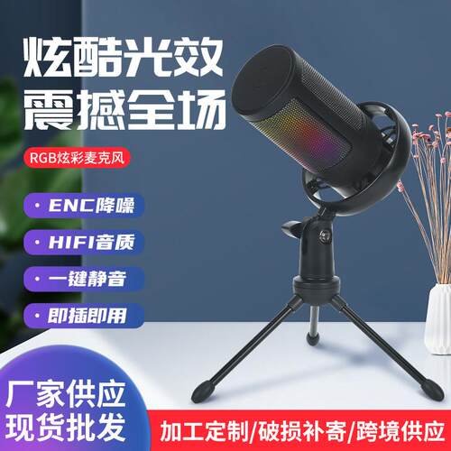 现货RGB电竞麦克风游戏三脚架USB电容麦克风视频直播K歌话筒