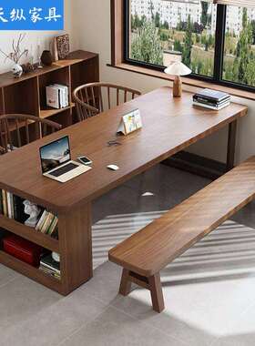 天纵美式全实木书桌长方形写字桌家用学习办公桌客厅电脑桌椅组合