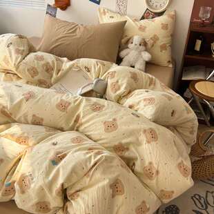 新款水洗棉四件套软绵绵的双拼印花小清新云朵皱皱床上用品家纺