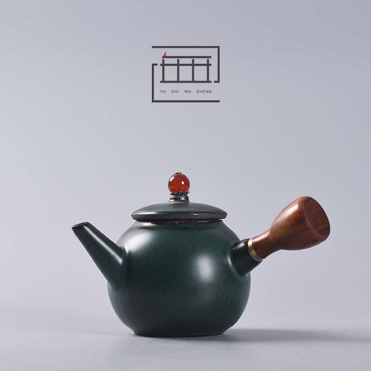 日式木柄侧把壶 粗陶窑变绿釉茶具泡茶壶 创意手工陶瓷单壶急须壶