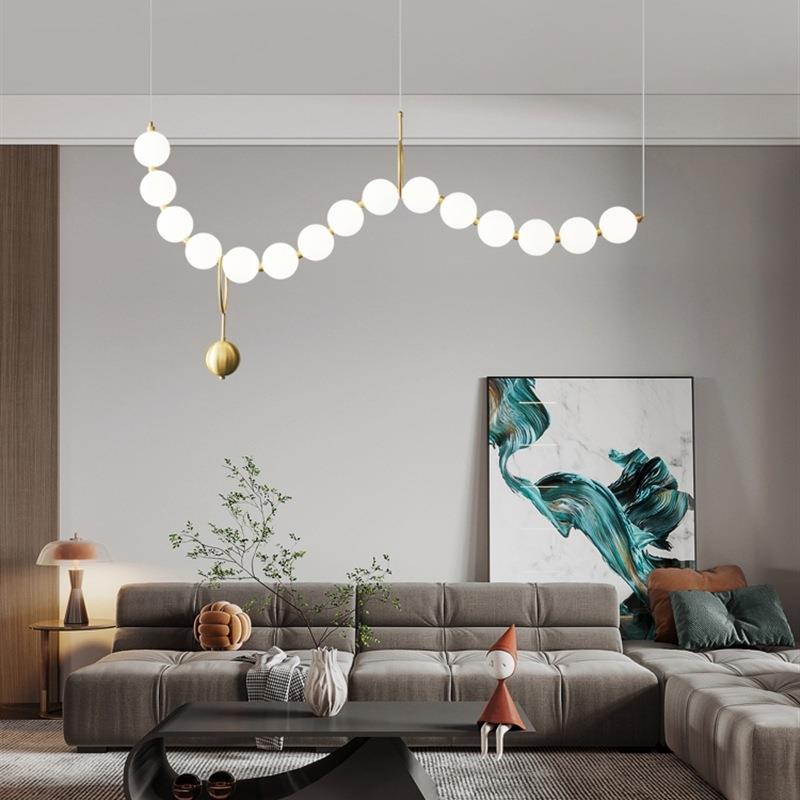 客厅吊灯网红轻奢创意设计师餐桌吧台吊线灯法式珍珠串全铜灯具