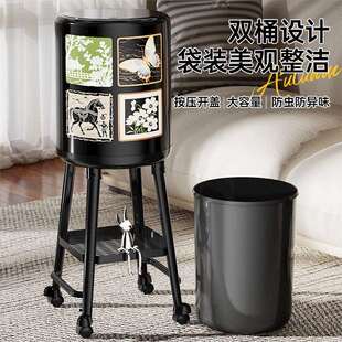中古风垃圾桶高颜值带盖免弯腰厨房垃圾收纳桶可移动大容量带轮垃