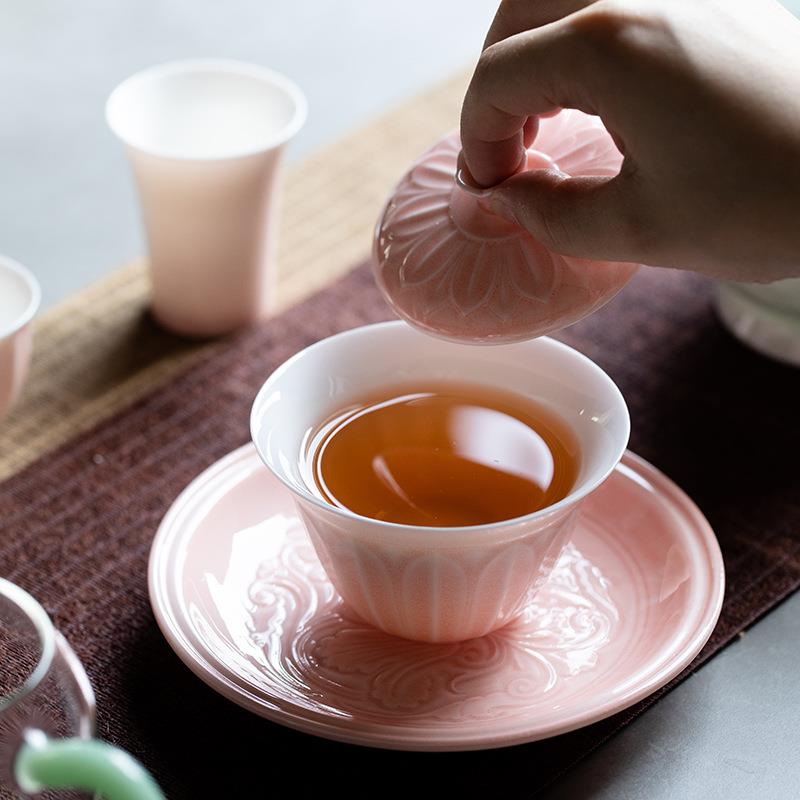 且来瓣莲粉色三才盖碗湖田陶瓷家用托盘果盘壶承泡茶碗功夫单个碗