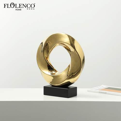 现代简约电镀金圆环陶瓷轻奢摆件别墅客厅电视柜玄关创意雕塑装饰