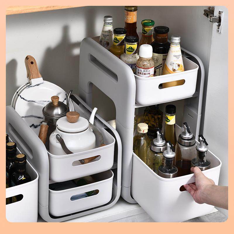 &oplus;百露厨房下水槽置物架双层收拉式橱柜收纳盒调料瓶架收纳筐整理