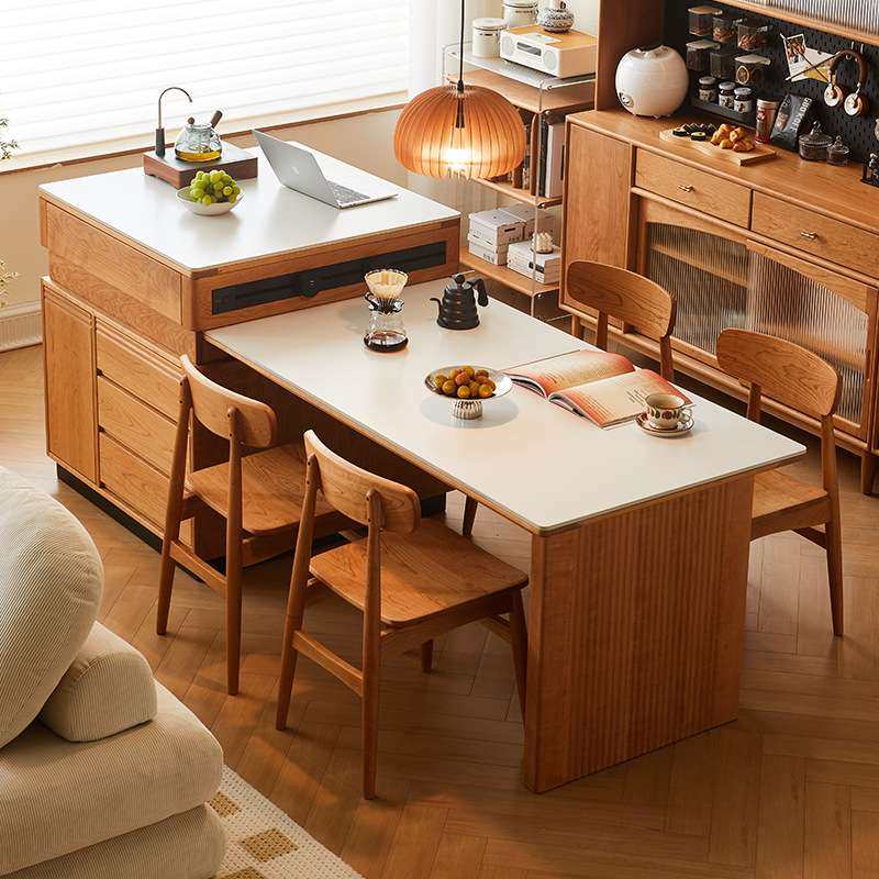赫尔实木岛台餐桌一体家用小户型樱桃木可伸缩吧台岩板中岛台餐桌