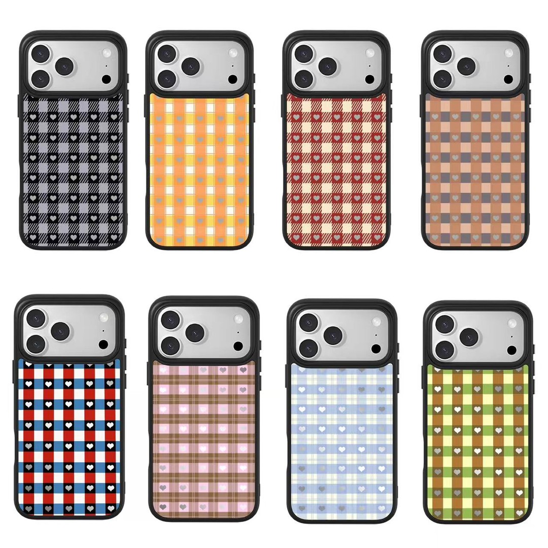 秋冬复古格纹爱心适用苹果17promax手机壳隐藏式磁吸16/15/14/13经典磨砂25新款可装支架TPU品质高级感保护套