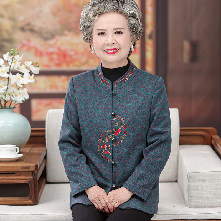 中国风刺绣毛呢外套女装高贵奶奶装立领盘扣妈妈上衣洋气