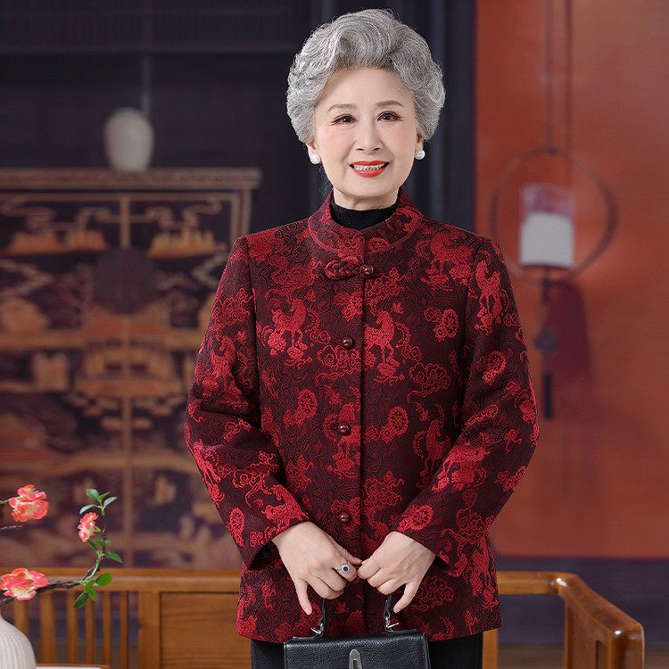 新中式立领提花外套女中老年人妈妈装奶奶红色唐装上衣