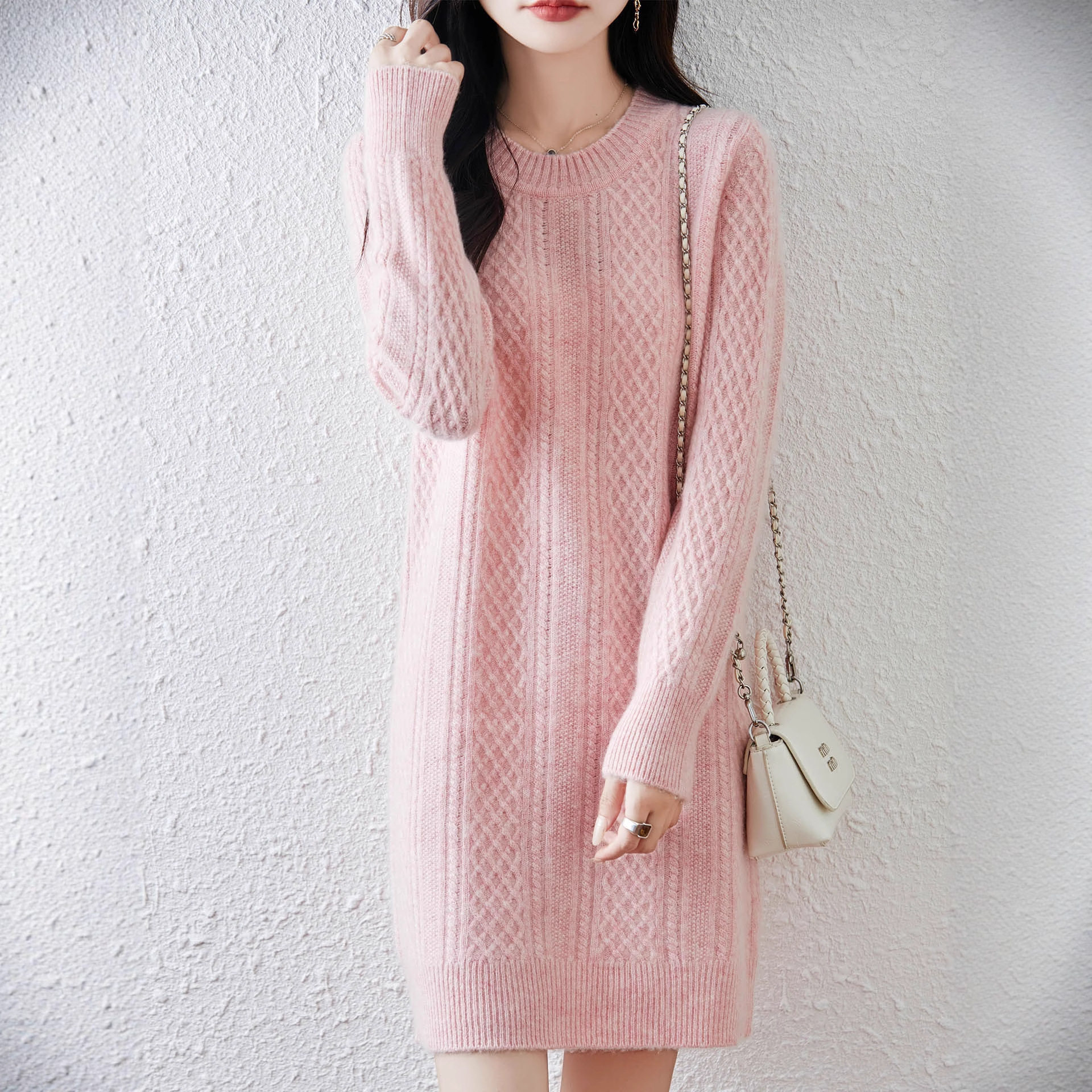 100纯羊毛裙女秋冬新款加厚圆领打底毛衣裙女士针织中长款连衣裙