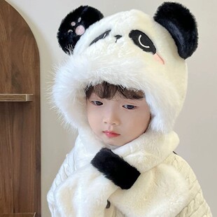 可爱熊猫儿童帽子围巾一体两件套冬季男女宝宝加绒加厚防风保暖