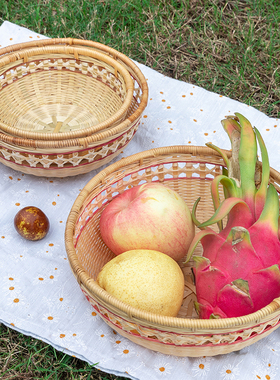 速发竹编工脚花边篮竹篮子水果篮竹筐家用果盘手高竹头品馒制筐点