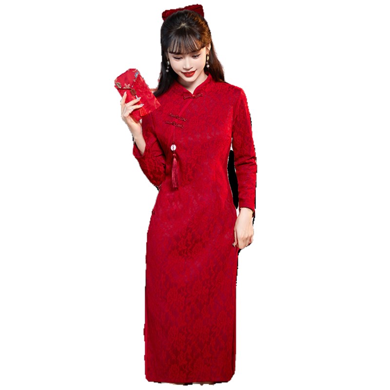 现货速发新娘结婚中式礼服酒红色敬酒服回门服装秋冬季长袖国风改