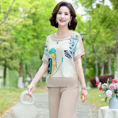 速发母亲节妈妈夏装套装洋气中老宽上衣年松九件裤时尚两分套