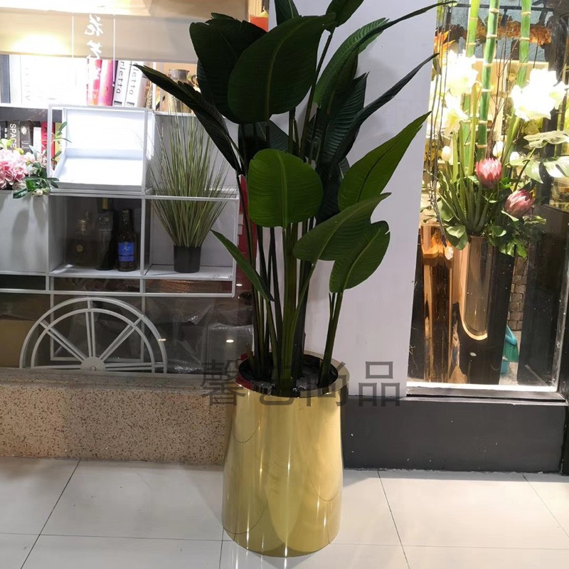 速发 盆不锈钢镜面美陈花瓶 花器金属落地件摆套可花圆形花钵