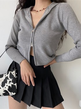 速发G衫 Girl Go美式复古短款双拉链头o袖灰色针织连帽开长外套