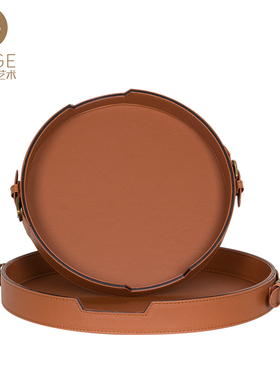 速发欧式圆形金属托盘皮革奢板客厅茶几美式样件房间摆华简约玄关