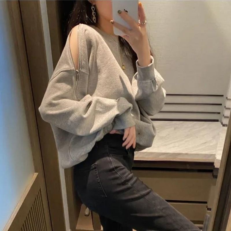速发感02上新款韩版拉链露肩设计感卫衣学生宽松春秋设计2套头5衣