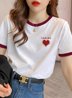 速发白色T恤2025年夏款新款体风领花撞色宽松圆印港恤上衣