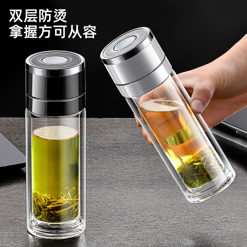 速发启键开盖车载双层办璃杯男士玻公室保温水杯茶杯速开一茶水分