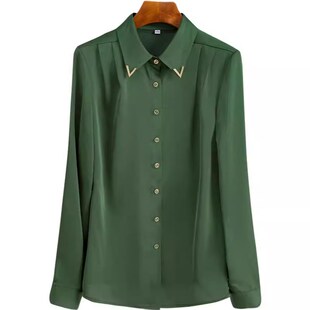 速发缎式法面白色长袖垂精顺致白领职业穿搭通勤打底衬衣墨绿色