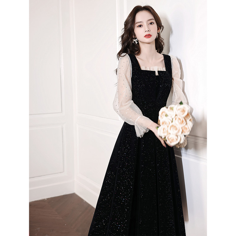 速发黑色年会主持人晚礼服轻奢秋小高端宴会小个子亮片连衣裙春众