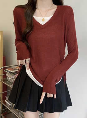 速发红色抽绳V领长上针织衫早秋款大码假两件袖衣时尚洋小气衫