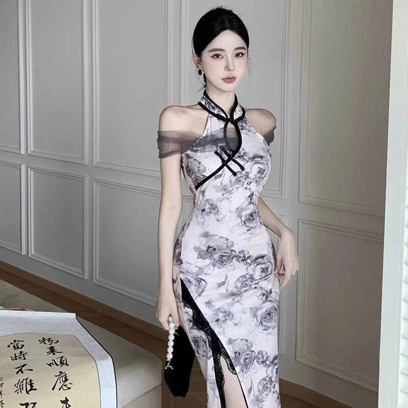 速发直播衣服主播上镜高级感晚旗服年轻款性改露肩感良版礼袍连衣