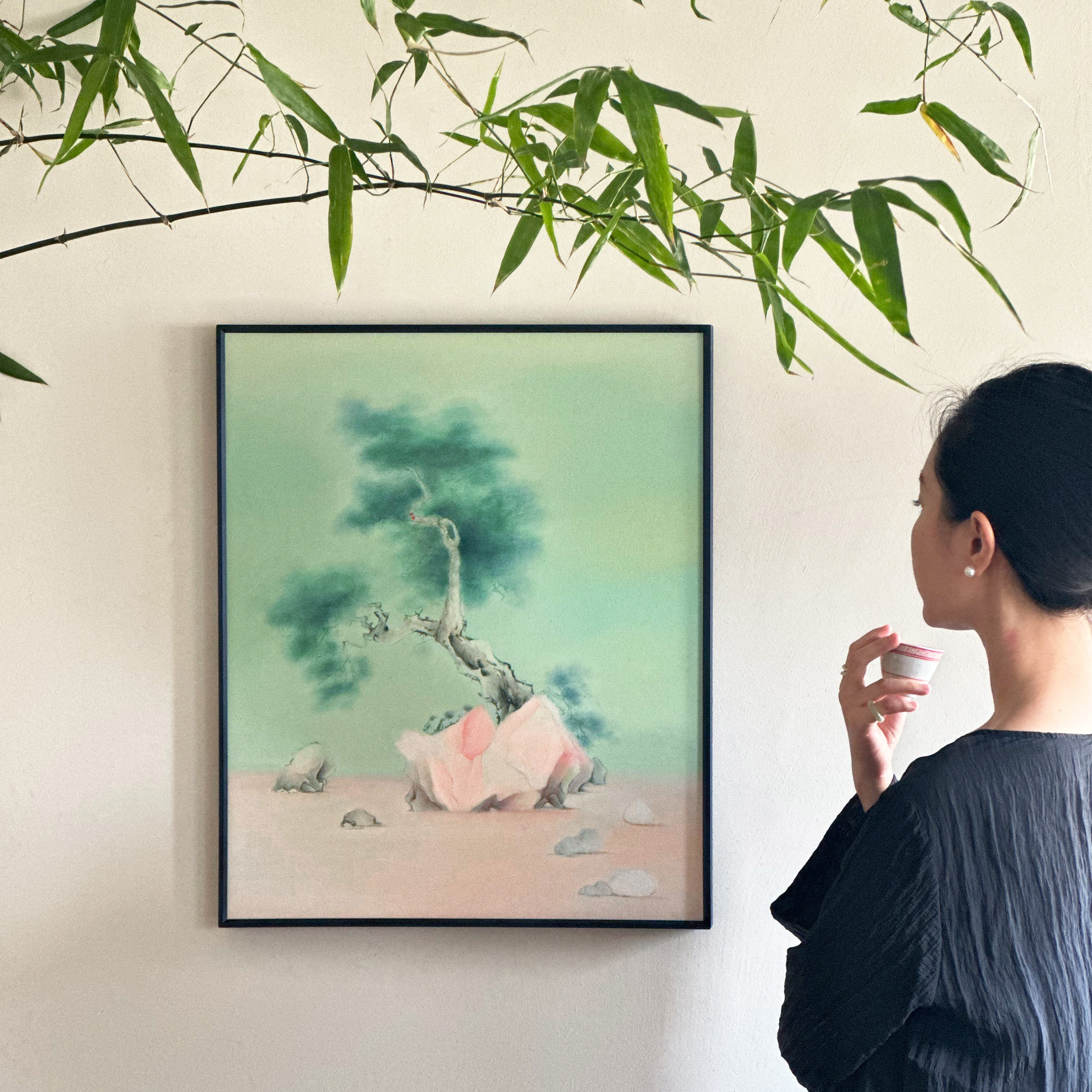 【松间石语】新中式纯手绘工笔装饰画现代青绿粉玉色书房玄关挂画