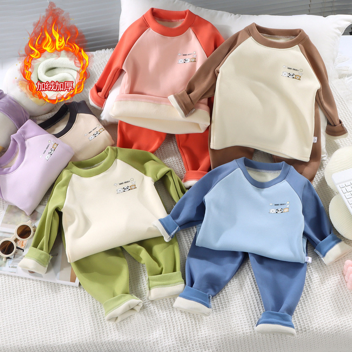 儿童加绒秋衣秋裤保暖加厚套装男女童宝宝秋冬季德绒打底内衣批发