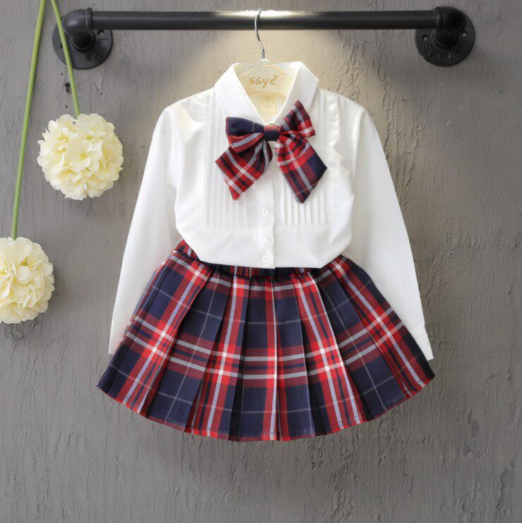 女童套装秋季儿童校服纯色白色衬衫格子裙两件套英伦风