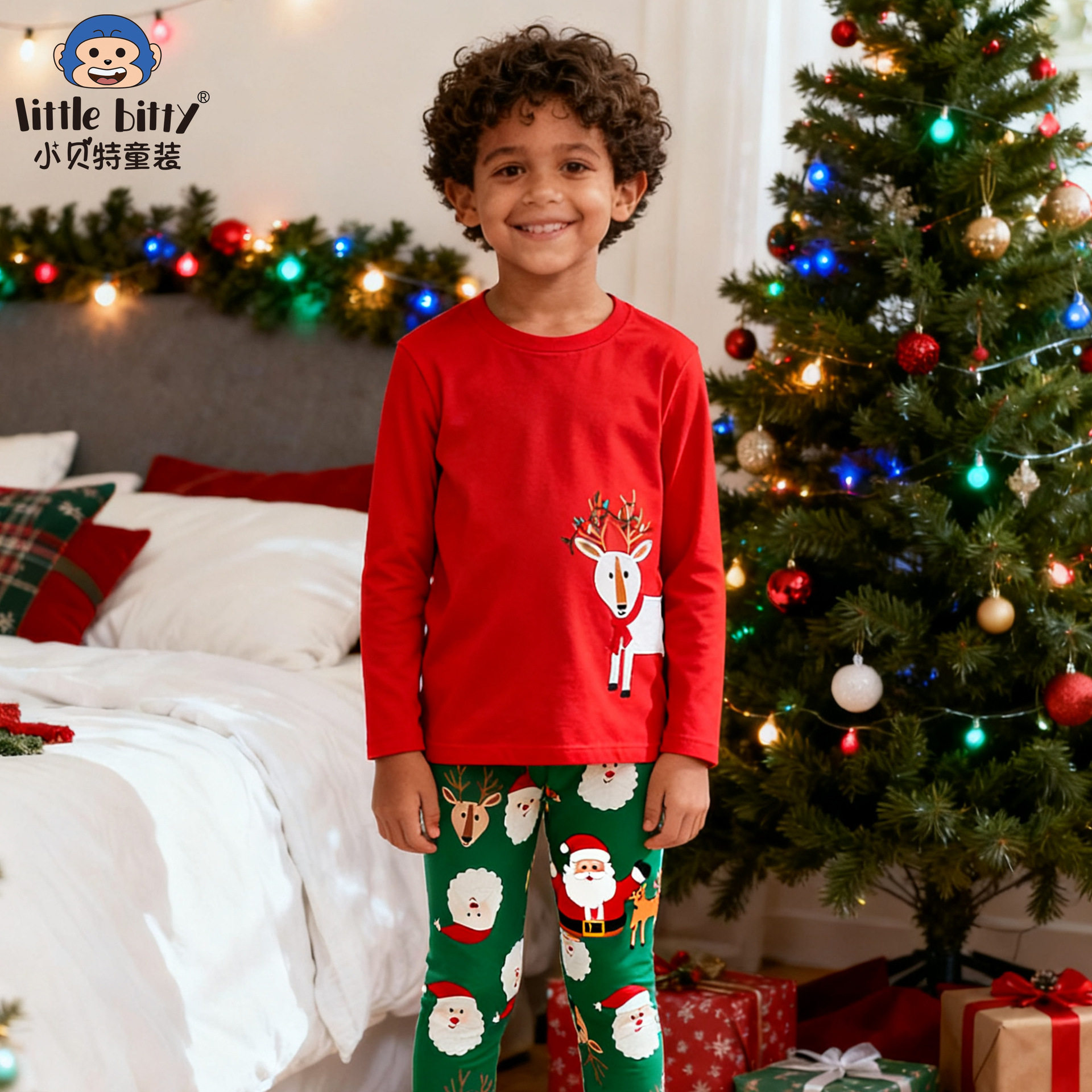 跨境童装圣诞节儿童长袖套装麋鹿绣花图案紧身家居服睡衣现货批发
