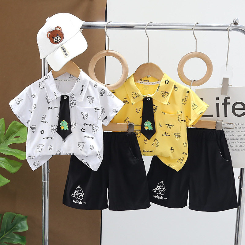 中小男童2025夏季新款儿童帅气夏天衣服男宝宝潮童衬衫短袖两件套