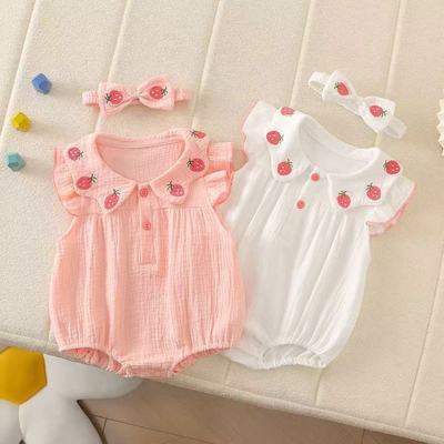 2025新款婴幼儿夏季连体衣洋气女宝宝刺绣草莓包屁甜美爬爬哈衣潮
