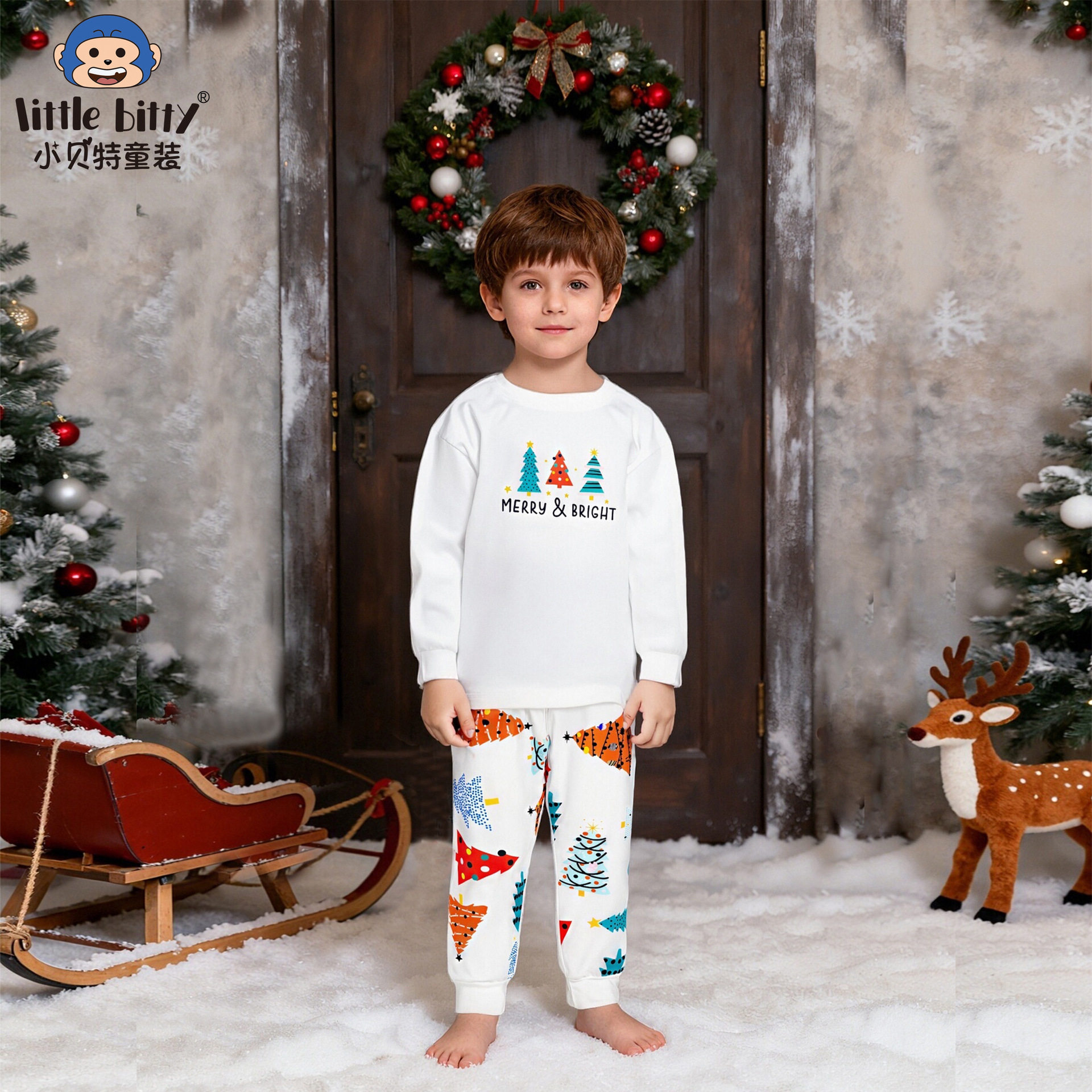 跨境25秋冬童装圣诞节长袖长裤套装卡通圣诞印花家居服两件套睡衣