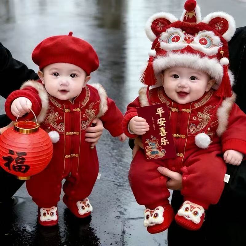 拜年冬季周岁百天抓周宝宝礼服婴儿男女连体衣新年过年喜庆衣服潮