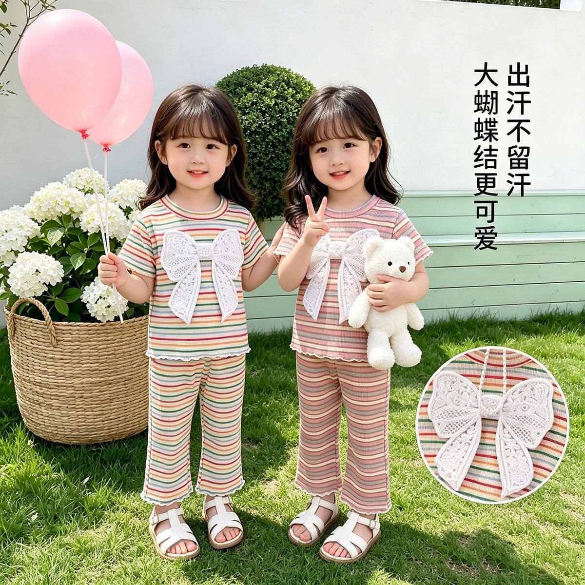韩系ins女童条纹两件套2026新款透气坑条短袖蕾丝蝴蝶结T恤两件套
