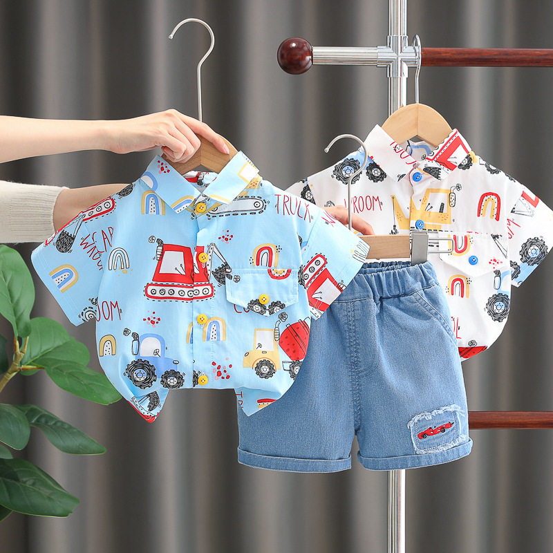 男童挖机衬衫短袖套装夏季婴幼儿夏天衣服儿童洋气两件套宝宝夏装