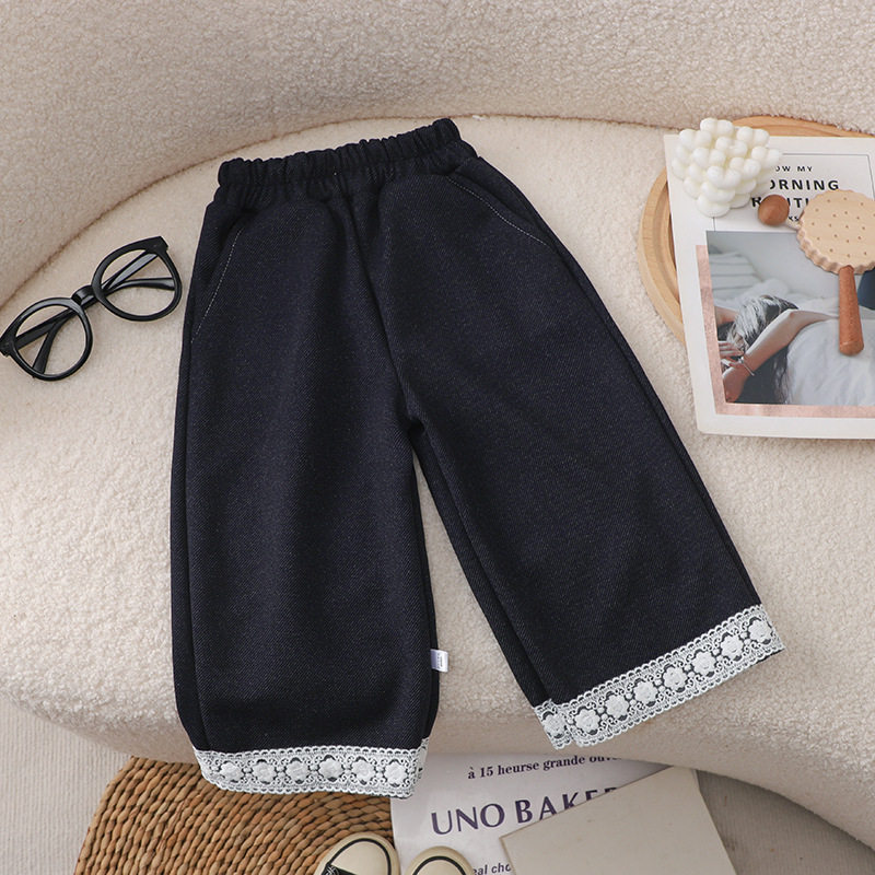 新款春秋季甜美儿童牛仔裤女童宽松百搭童裤花边纯色直筒休闲裤子