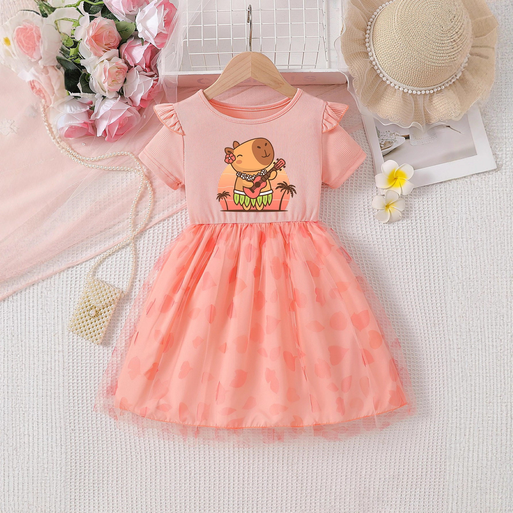 外贸女童短袖连衣裙2026夏季新款卡皮巴拉印花儿童网纱裙子公主裙