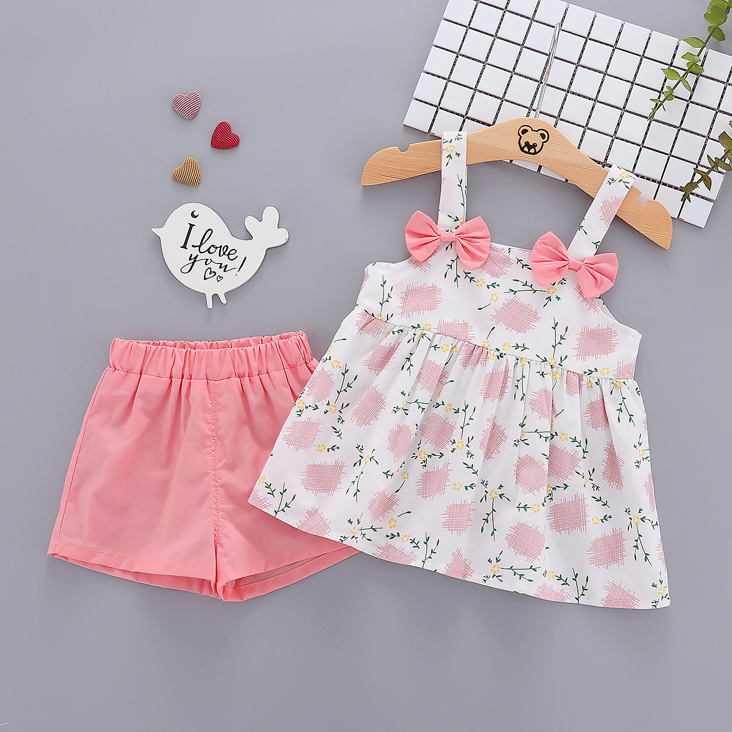 Q377 童装批发夏季女童吊带裙子短裤两件套装 儿童服装女童沙滩服
