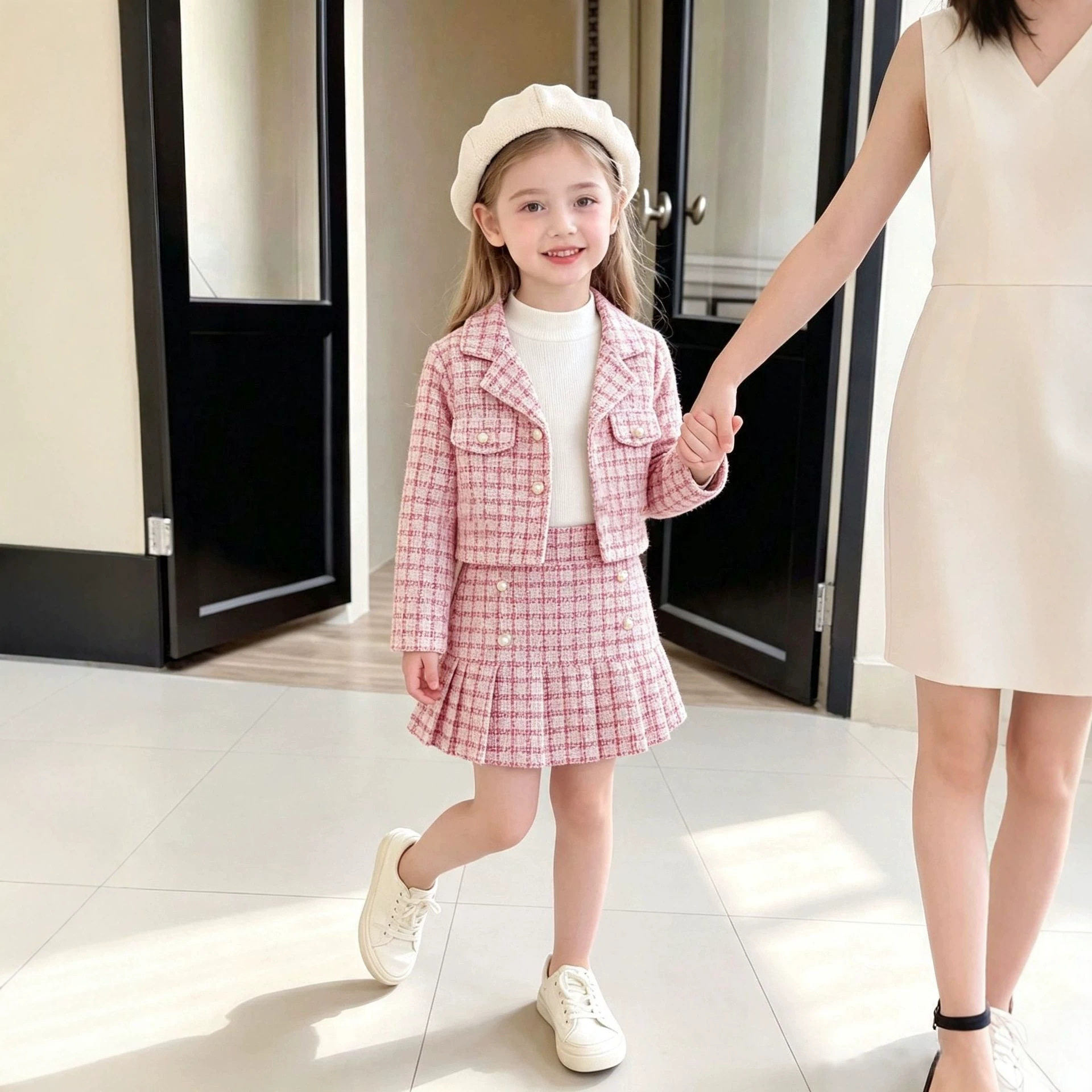 女童小香风套装儿童外套打底衫百褶裙三件套2026秋季女童洋气套装
