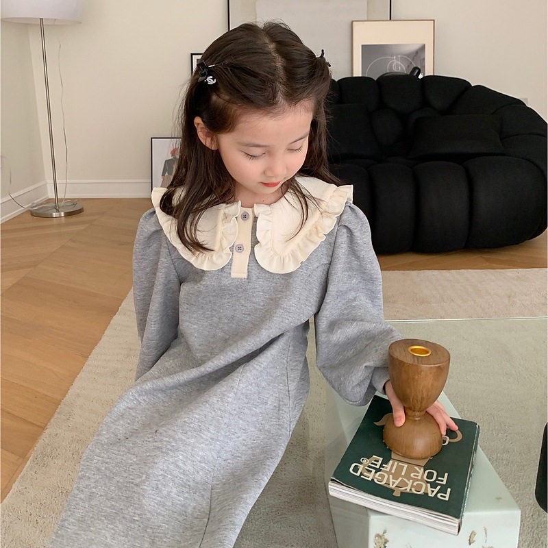 韩版女童连衣裙2023秋装新款女宝宝长袖裙子翻领撞色卫衣公主裙