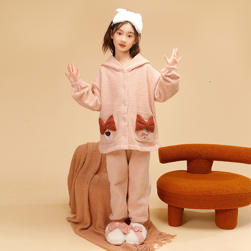 家居服女孩保暖中大童女童长袖珊瑚绒睡衣长裤秋冬套装儿童