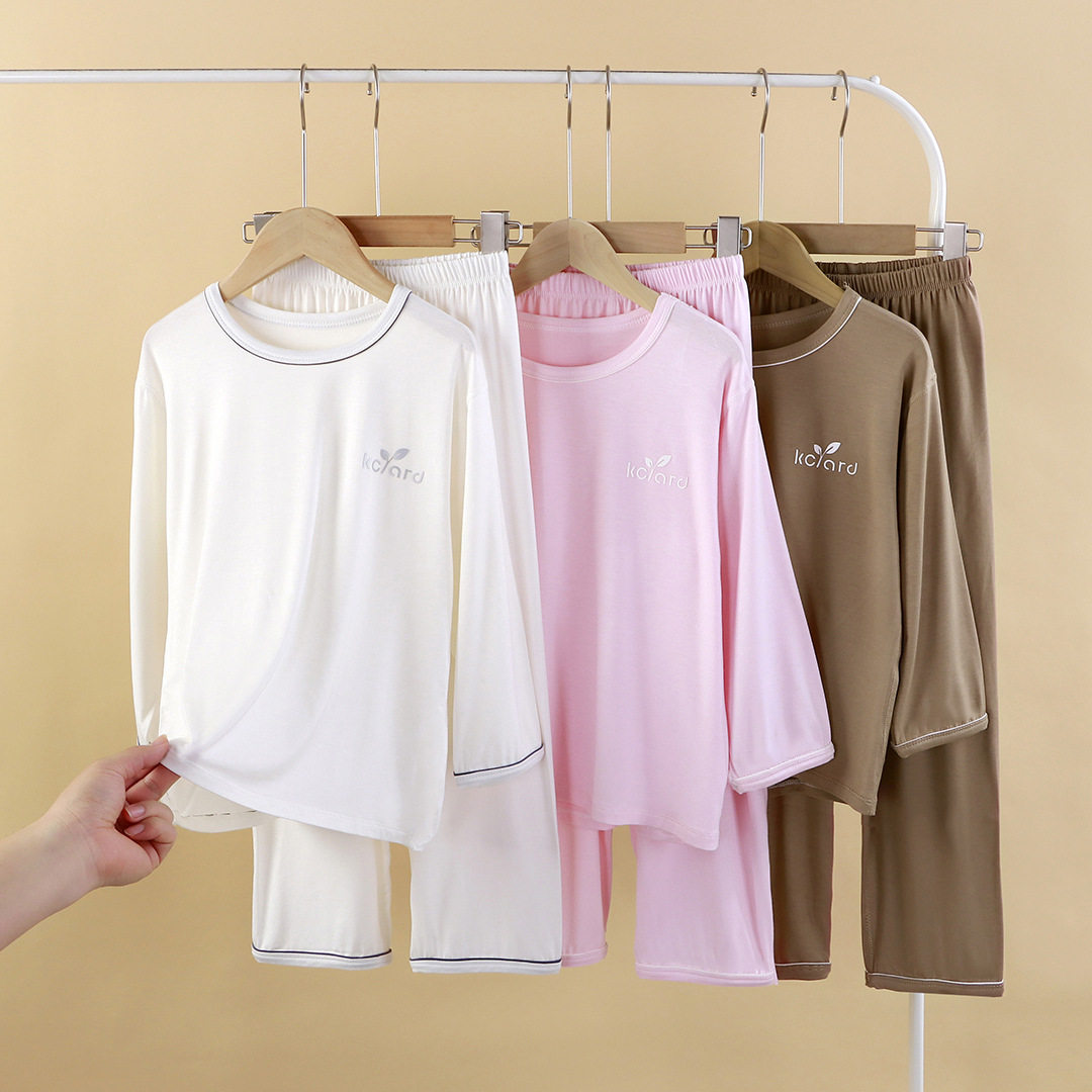 新款童装儿童家居服套装女童睡衣长袖莫代尔空调服宽松无骨花边